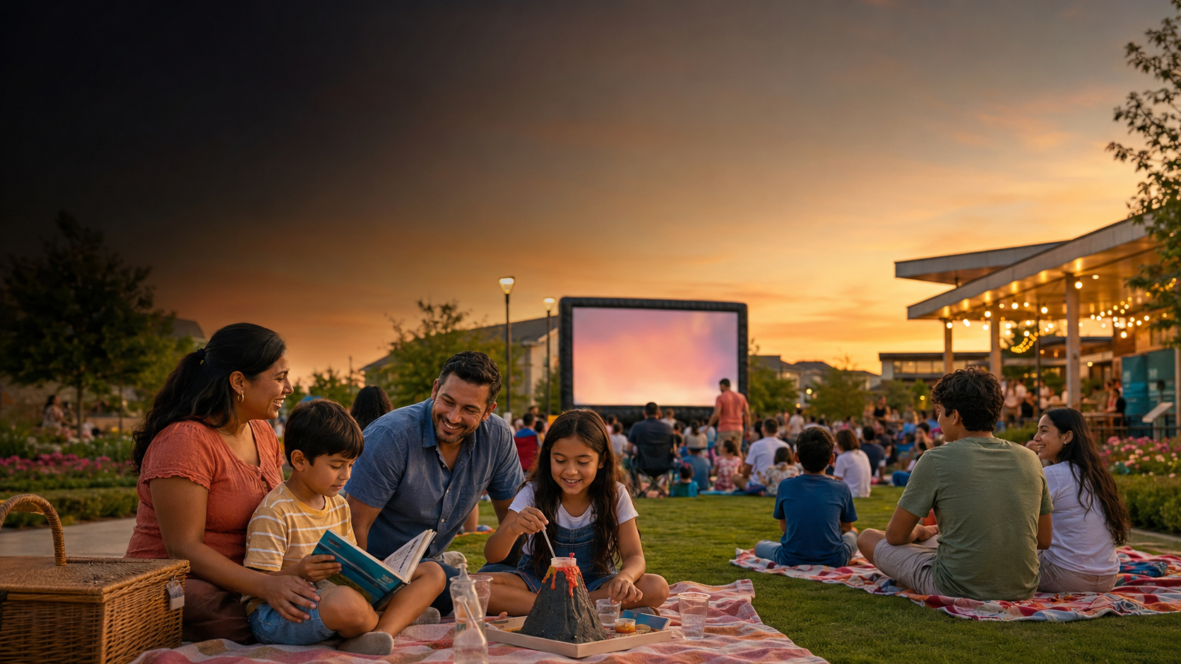 Families enjoying an outdoor movie night and children’s activities at a community plaza in Richmond and Sugar Land, Texas.