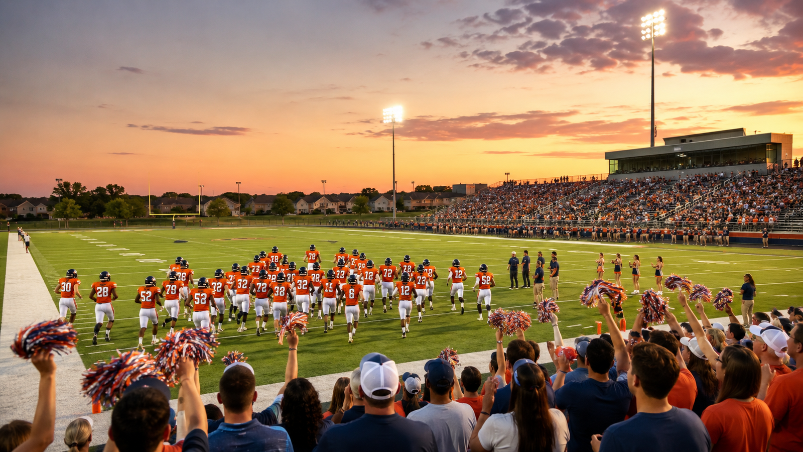 High school football players in orange and navy running onto a Texas football field as families cheer under stadium lights