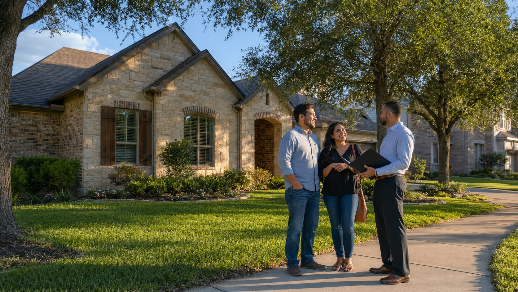 Couple talking with a real estate professional outside a Stonecreek Estates home in Richmond, Texas.