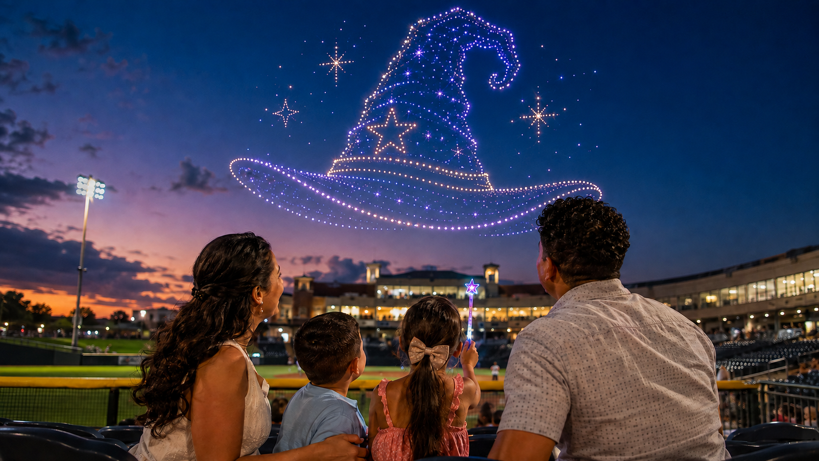 Family watching a colorful drone-light show at a Fort Bend County baseball stadium during the final weekend before school.